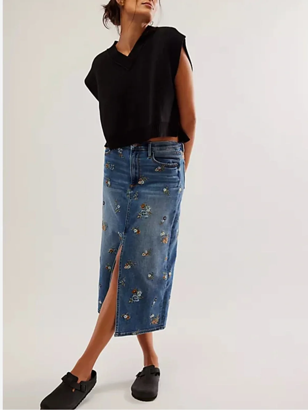Free People Driftwood Piper Floral Embroidered Denim Midi Skirt - 27
